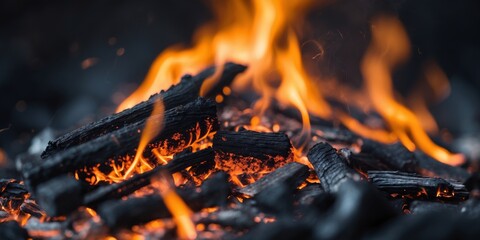 Fiery Embers Glowing in the Darkness A Close Up View of Burning Charcoal