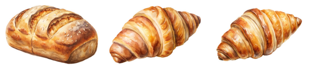 Freshly baked bread, artisanal loaf, golden croissants, detailed watercolor illustration, bakery style, food art.