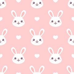 White kawaii rabbit's heads and hearts on pink background. Vector seamless pattern. 