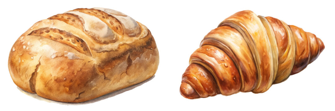 Freshly baked bread, artisanal loaf, golden croissant, watercolor illustration, food art, bakery products, culinary delights.