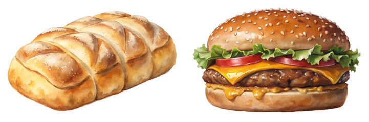 Freshly baked bread, delicious hamburger, vibrant colors, food illustration, culinary art, appetizing visuals.