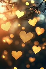 Glowing blurred heart-shaped lights gently illuminating a soft cream backdrop, providing a delicate romantic atmosphere, book illustration style