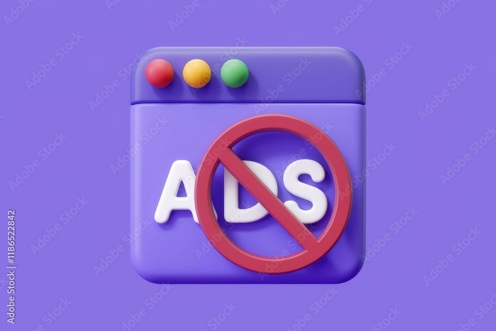 Fototapete 3D render of a browser window with a red circle and slash over the word 'ADS', symbolizing ad blocking.