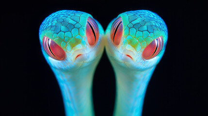 Fototapeta premium Twin snakes, vibrant turquoise scales, intense red eyes, mirror image.