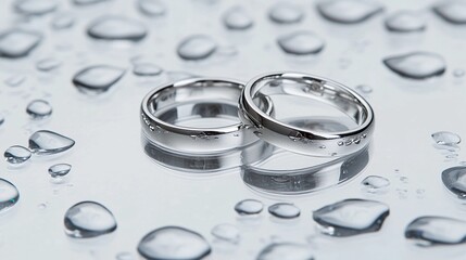 pair of platinum wedding rings resting on a mirrored surface with delicate water droplets, emphasizing the polished finish and reflections