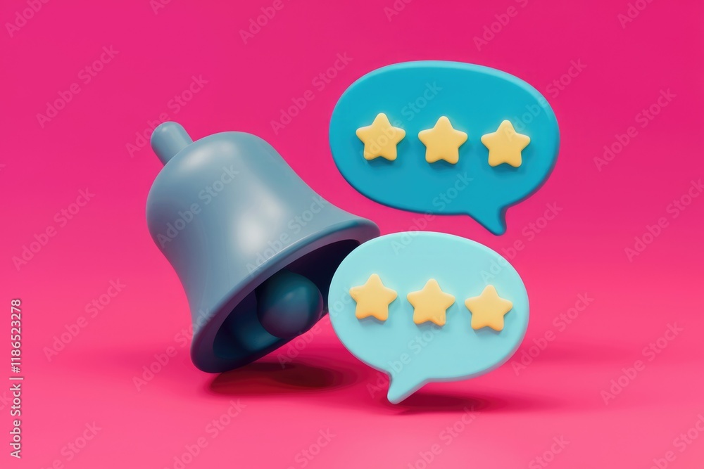 Poster notification bell with three stars in speech bubbles signifies positive customer feedback and review