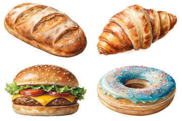 Freshly baked bread, delicious croissant, juicy burger, colorful donut, watercolor style, food illustration, culinary art.