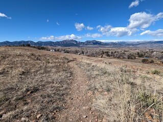 Spring prairie trails with views of the Rocky Mountains, Colorado