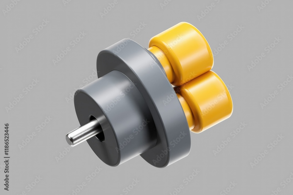 Poster gray mechanical device with two yellow cylindrical components, possibly a miniature motor or gear sy