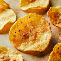 Closeup of  lightly spiced potato chips/crisps.