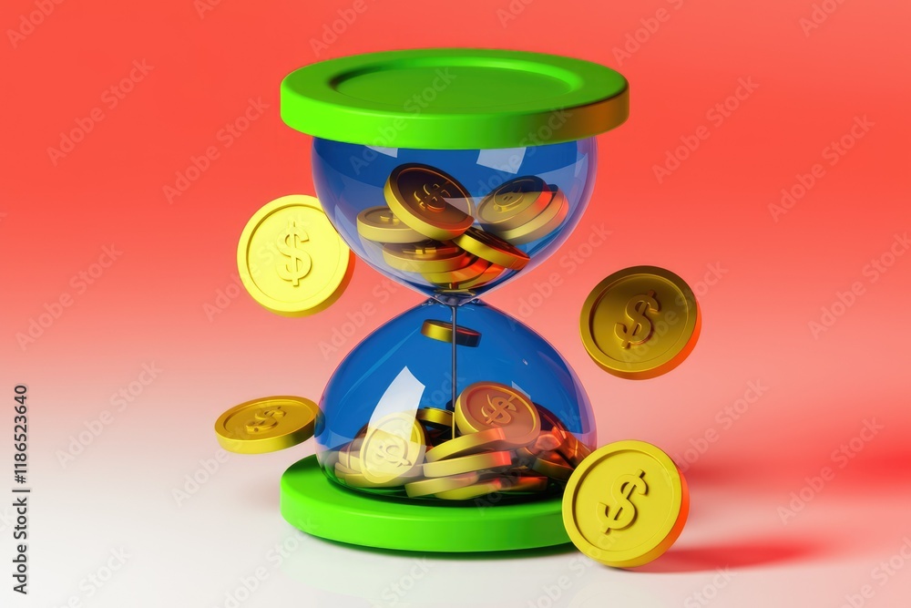 Poster an hourglass filled with gold coins symbolizing the passage of time and the value of money.