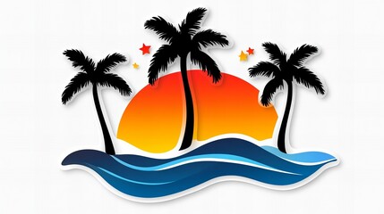 Obraz premium Silhouette of palm trees at sunset over ocean waves. Tropical summer vacation vibes!
