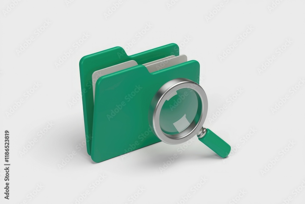 Poster green folder icon with magnifying glass; searching, finding files, data discovery.