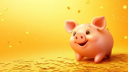 piggy bank with coins on yellow background with copy space