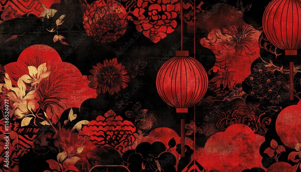 Poster red and gold floral pattern with lanterns on black background