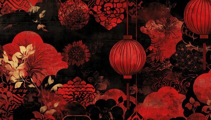Red and Gold Floral Pattern with Lanterns on Black Background