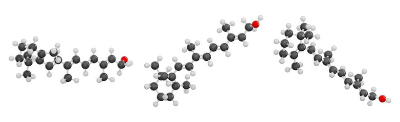 Molecule of *vitamin A* (Retinol). Set of views. Molecular formula: C20H30O. Chemical model: Ball and Stick. Isolated. Transparent background. PNG. 3D illustration.