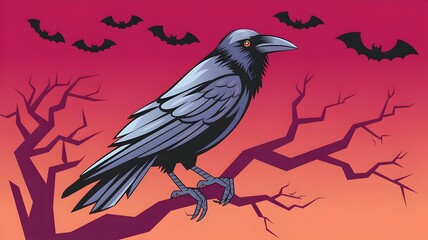Halloween styled illustration of crow on branch surrounded by bats.