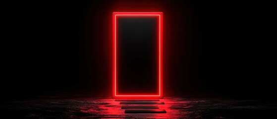 A glowing red rectangular door stands in a dark space, reflecting light on a wet surface, creating a striking contrast and an intriguing atmosphere.
