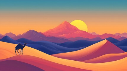 Journey through sunset camel dunes