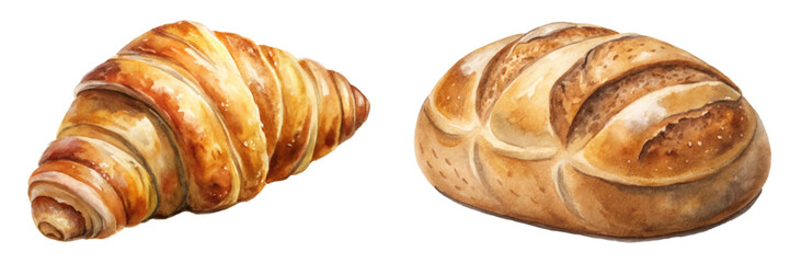 Freshly baked croissant, artisan bread, watercolor illustration, delicious pastries, bakery products, food art, culinary design.