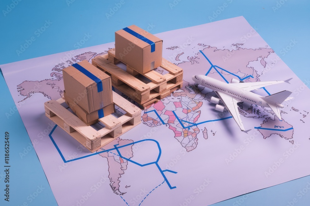 Poster Global cargo shipment concept illustrated with cardboard boxes on wooden pallets and a model airplane on a world map.