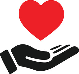 A simple, yet powerful icon depicting a hand offering a red heart against a plain white background.