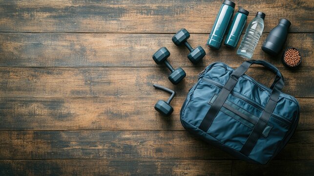 Fitness Essentials: Gym Bag, Weights, and Hydration on Rustic Wood Background