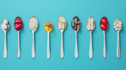 Variety of Supplements:  A flat lay showcasing ten spoons, each filled with a different type of supplement capsule, tablet, and powder, arranged in a neat row against a vibrant teal background.
