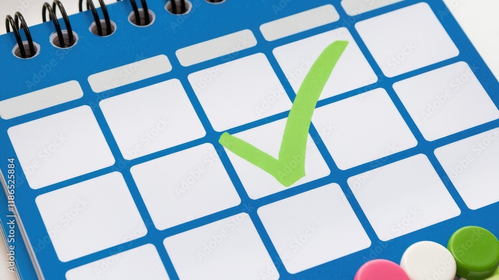 Aufkleber a blue desk calendar with a green checkmark indicating a scheduled event or completed task.