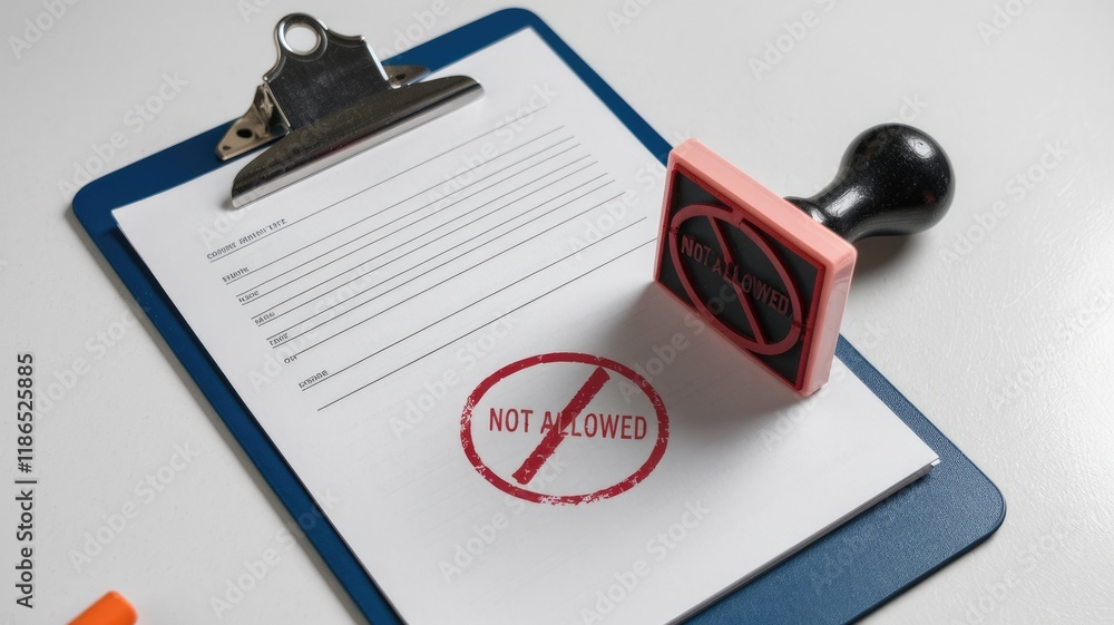 Aufkleber A clipboard with a blank form and a 'Not Allowed' stamp emphasizes prohibition or rejection.