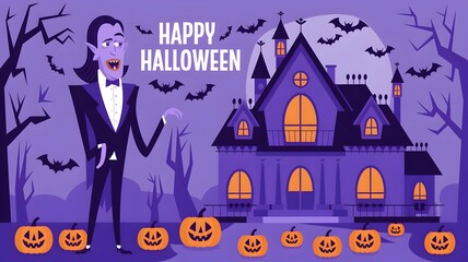 Happy Halloween illustration containing gothic house, vampire, bats, pumpkins.