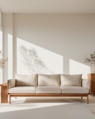 Modern living room with beige sofa and wooden furniture