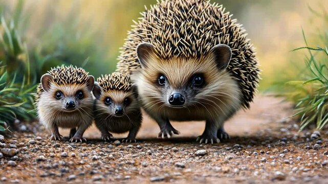 A mother hedgehog and her two young ones wander along a forest trail, enjoying the warmth of the early morning sun and fresh surroundings