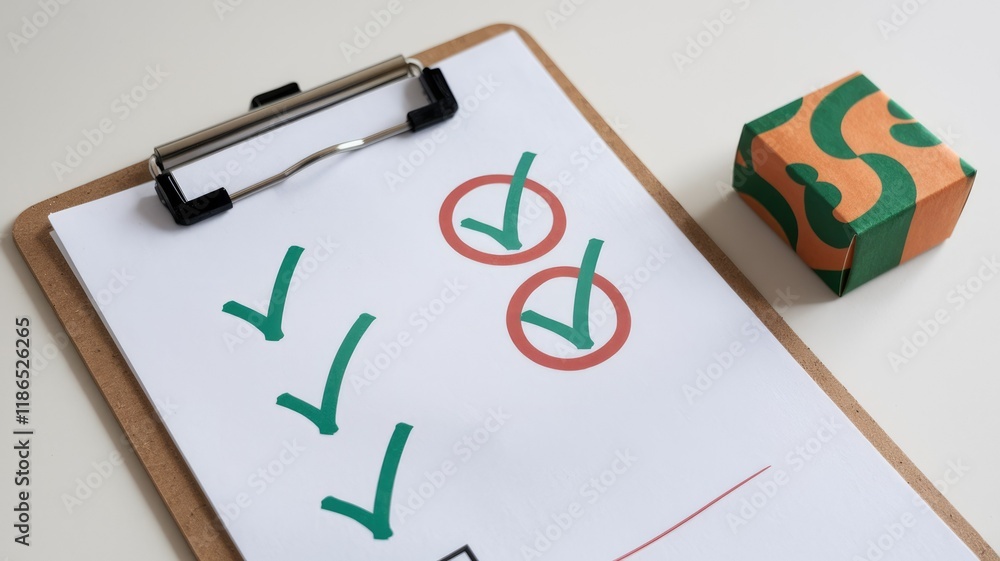 Poster checklist on clipboard with checkmarks, signifying completed tasks or goals. a small gift box is nea