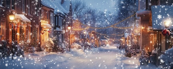 Snowy urban street during the holidays, festive lights and cozy charm, magical winter atmosphere.