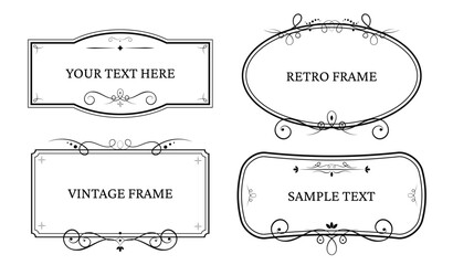 Vintage black frames set. Isolated antique borders on white background. Vector illustration