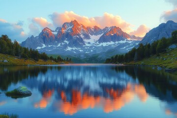 Fototapeta premium pristine alpine lake reflecting snow-capped mountain peaks at sunrise, serene wilderness landscape with dramatic cloud formation