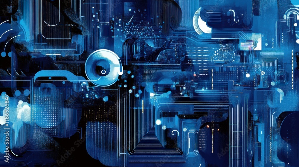 Poster digital illustrations in blue showcase computer codes and futuristic web designs. virtual patterns d