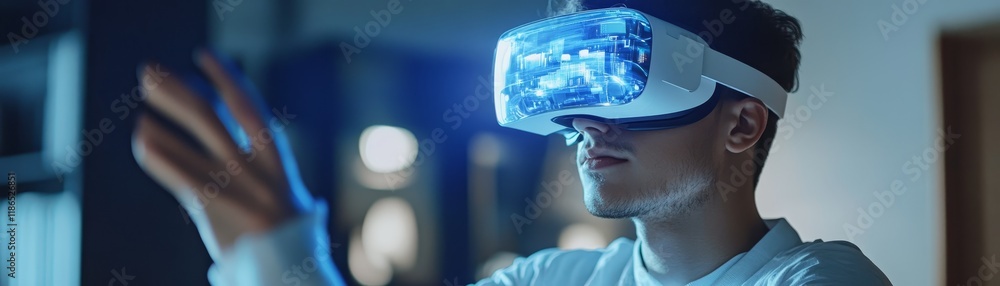 Poster man exploring immersive virtual reality, a journey into the digital world of innovation and simulate