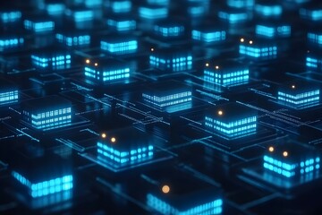 Fototapeta premium Abstract Futuristic Digital Cityscape: Glowing Blue Cubes and Network Connections, High-Tech 3D Render, Modern Technology Background, Illuminated Data