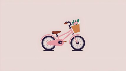 Pink children's bicycle with basket containing flowers.