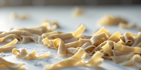 Raw pasta scattered on a white surface for a culinary preparation