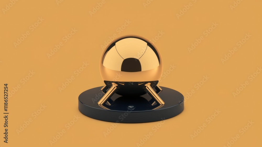 Poster a golden sphere rests on a dark base with three legs, minimalist and elegant design.