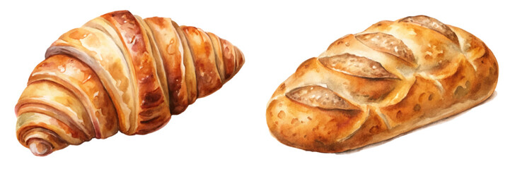 Freshly baked croissant, artisanal bread, watercolor illustration, food art, bakery display, delicious pastries.