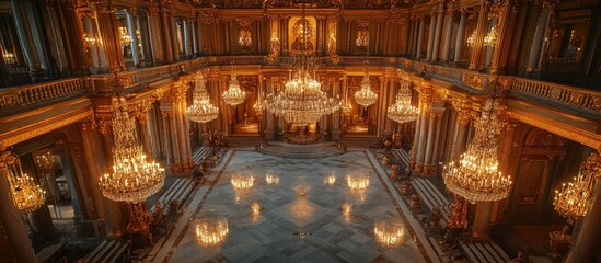Obraz premium Opulent Palace Interior: A Grand Hall Adorned with Crystal Chandeliers