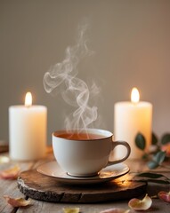 Relaxing evening with a warm cup of tea and candles on a wooden table