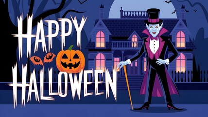 Halloween party poster. Vampire wearing top hat and tuxedo standing in front of gilded age house.