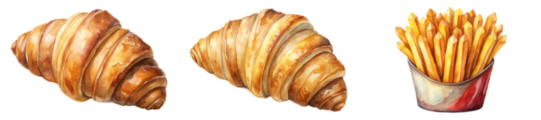 Freshly baked croissants, golden brown pastries, crispy French fries, delicious food illustrations, appetizing culinary art.