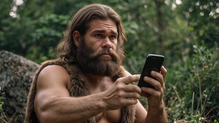 Surprised caveman using modern smartphone